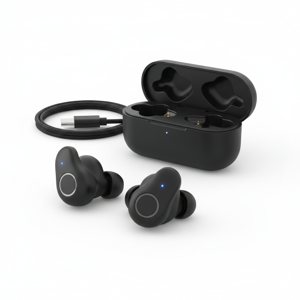 Auriculares inalámbricos Bluetooth in-ear negros sobre fondo blanco